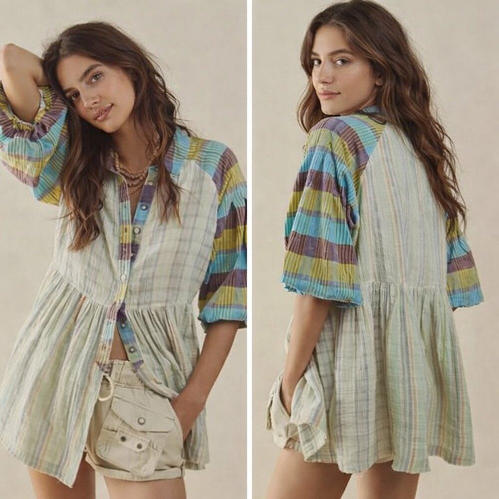 Free People Moon Bay Bubble Sleeve Plaid Top Cotton Oversized